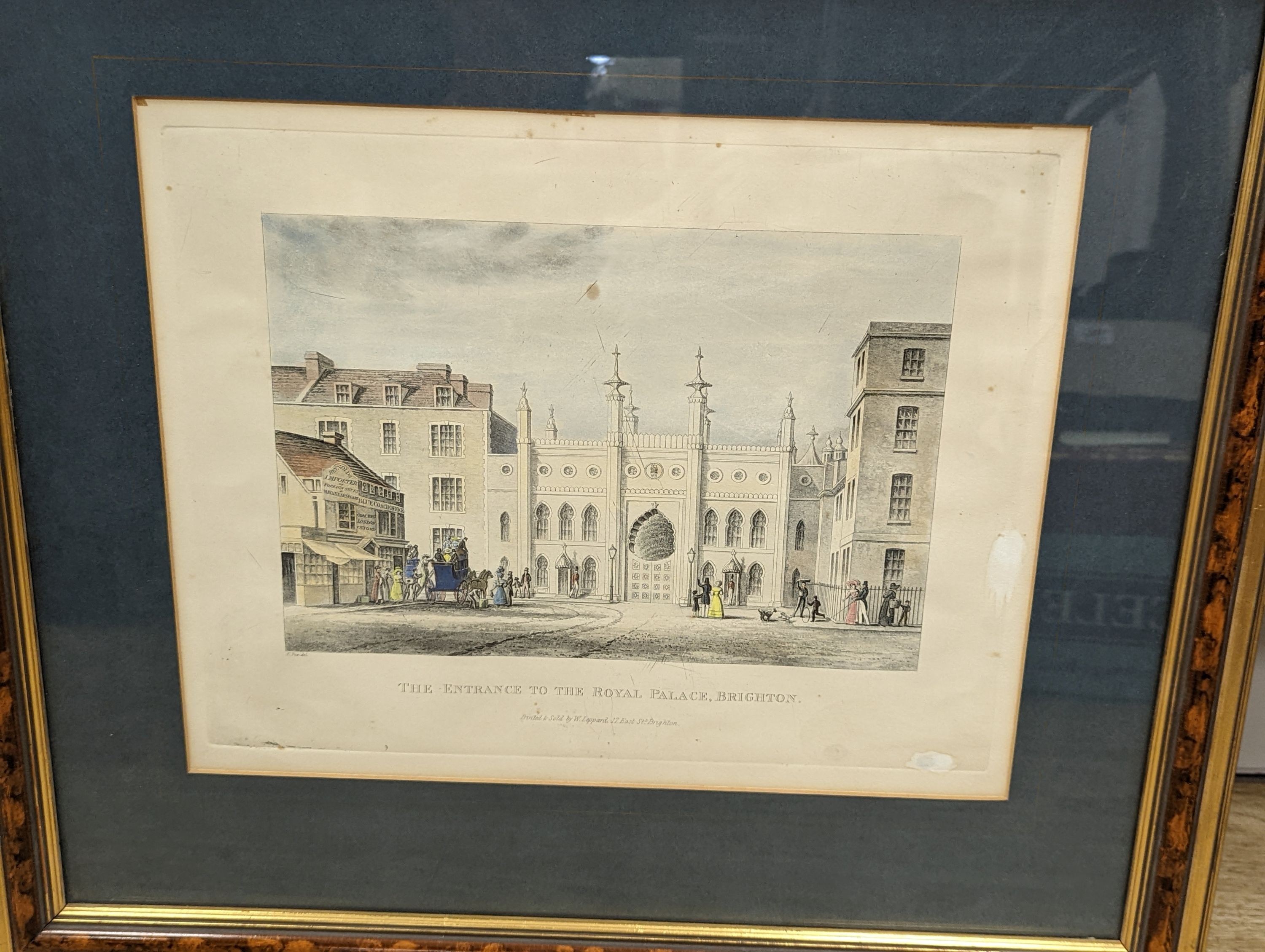 The entrance to the Royal Palace, Brighton, aquatint, printed and sold by W Leppard, 28.5 x 36 cm and seven lithographic vignettes of Brighton drawn and published by Messrs Berthou and Georges, Brighton, in two frames